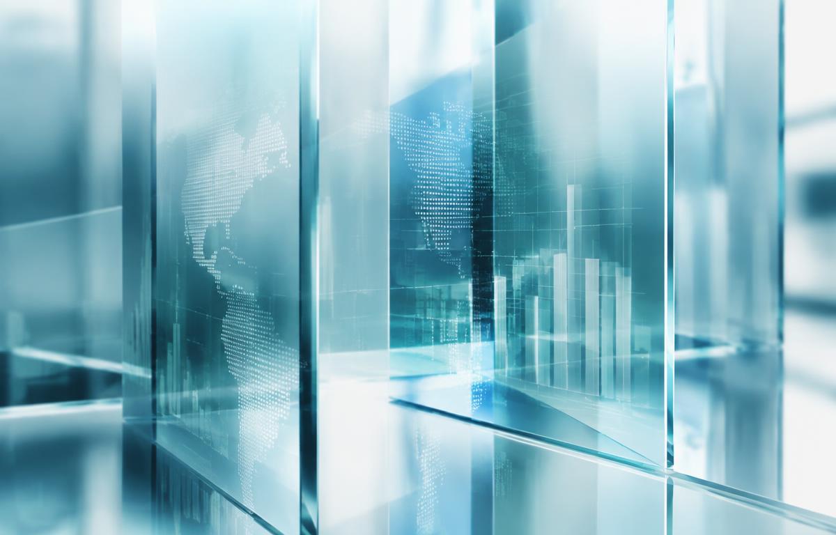 Abstract glass panels refracting a data grid